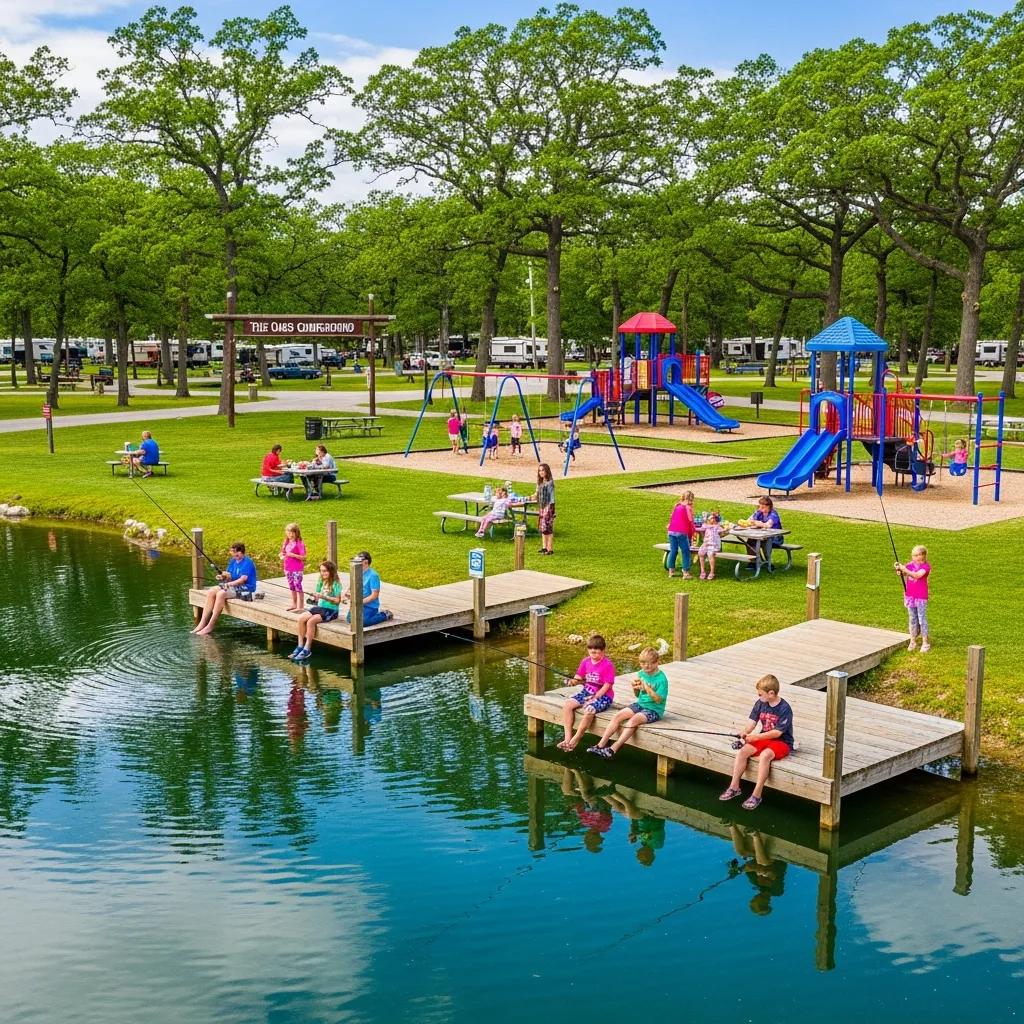 Families fishing at The Oaks Campground pond with playgrounds and picnic areas close by