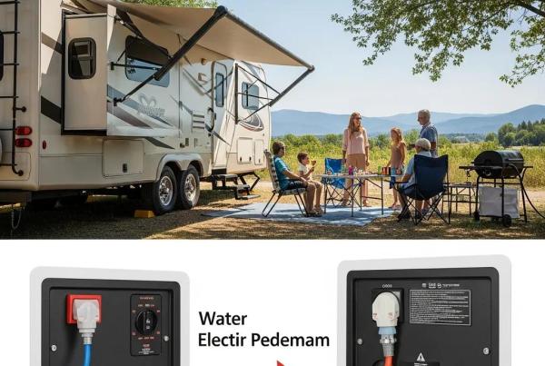 Full hook-up RV campsite with family enjoying outdoor activities