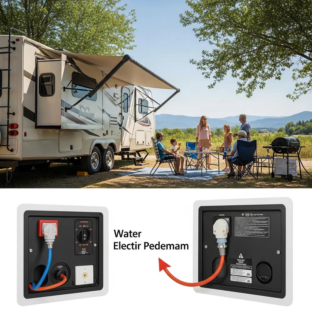 Full hook-up RV campsite with family enjoying outdoor activities