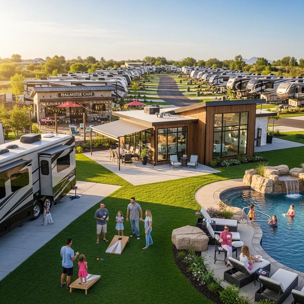 Modern high-end RV resort amenities showing a clean bathhouse and family recreational spaces