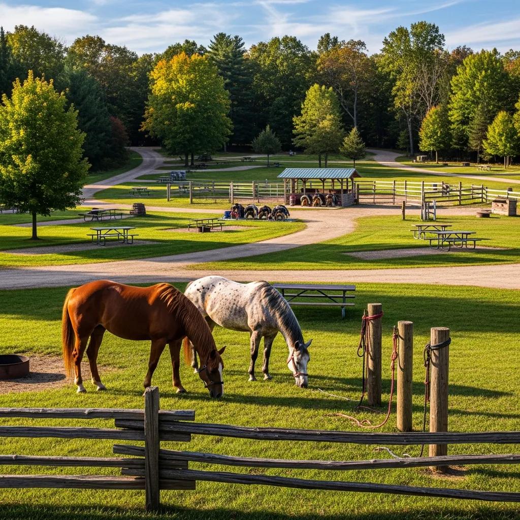 A horse-friendly campsite in Michigan with tie-up posts and nearby trail access