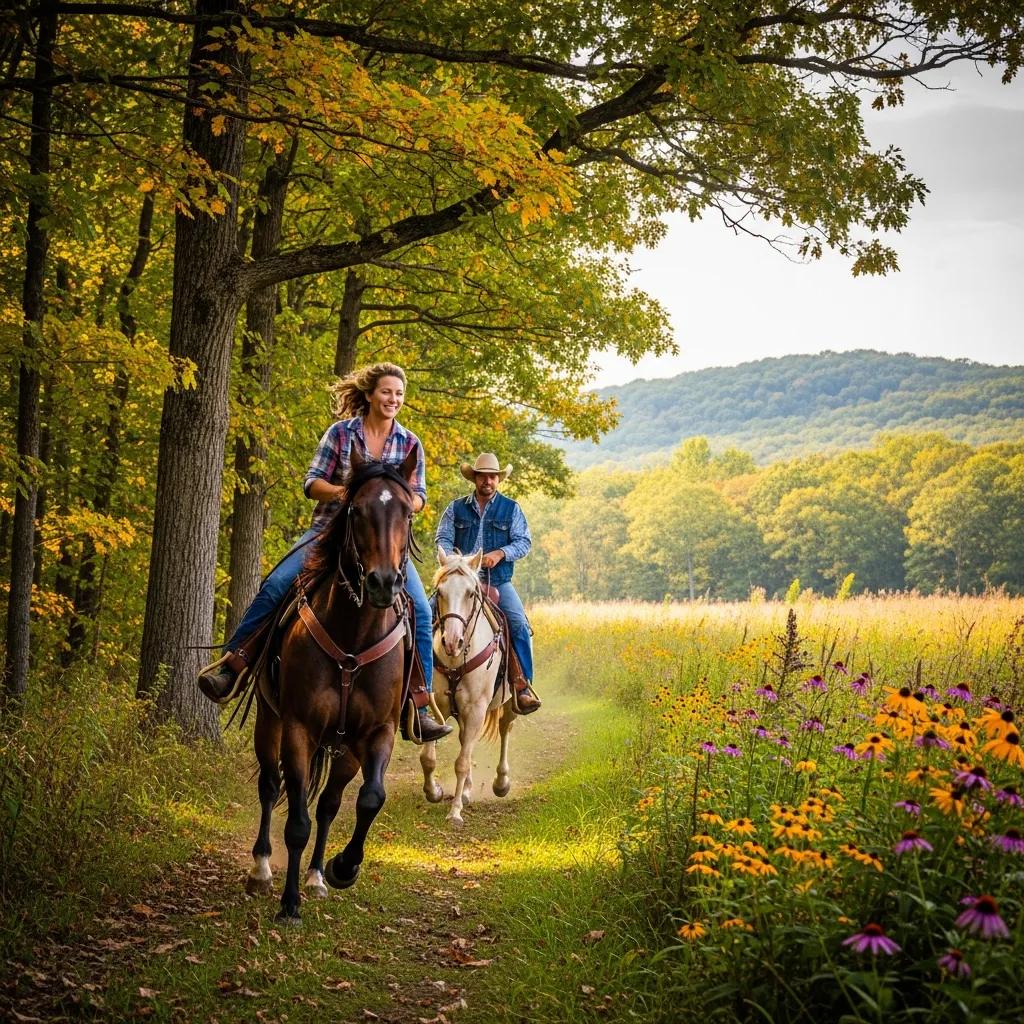 Horseback riders travel a scenic Michigan trail through mixed terrain, illustrating trail variety and outdoor adventure