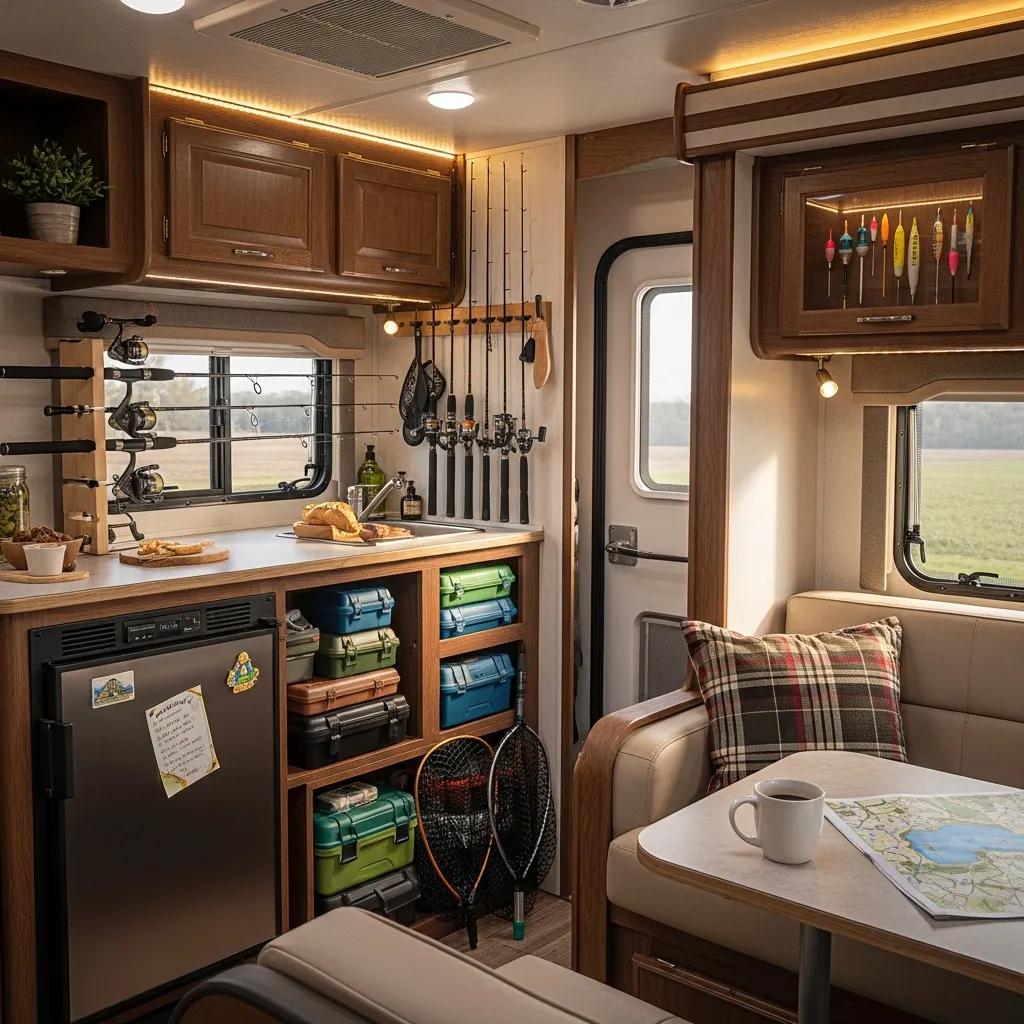 RV interior arranged with fishing gear and conveniences that support anglers