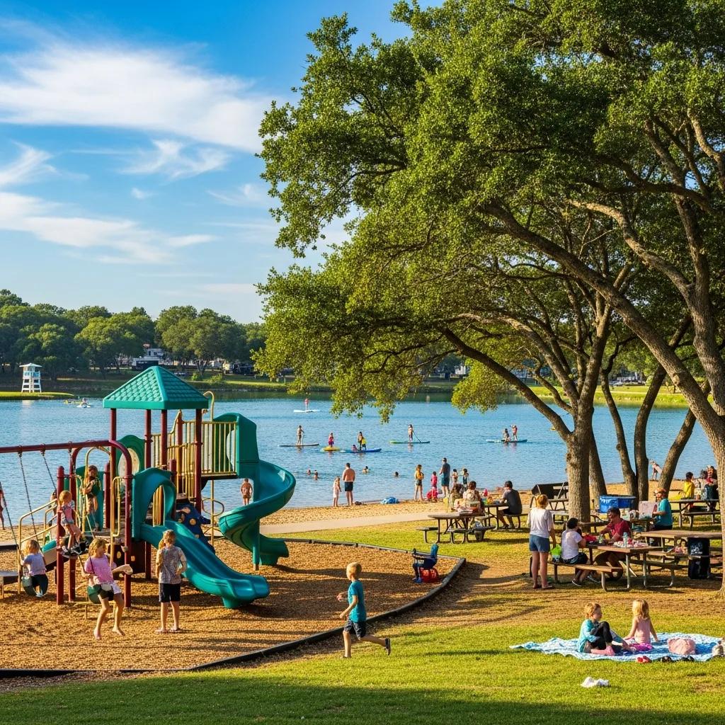 Playgrounds and swimming areas at The Oaks Campground — kid-friendly amenities