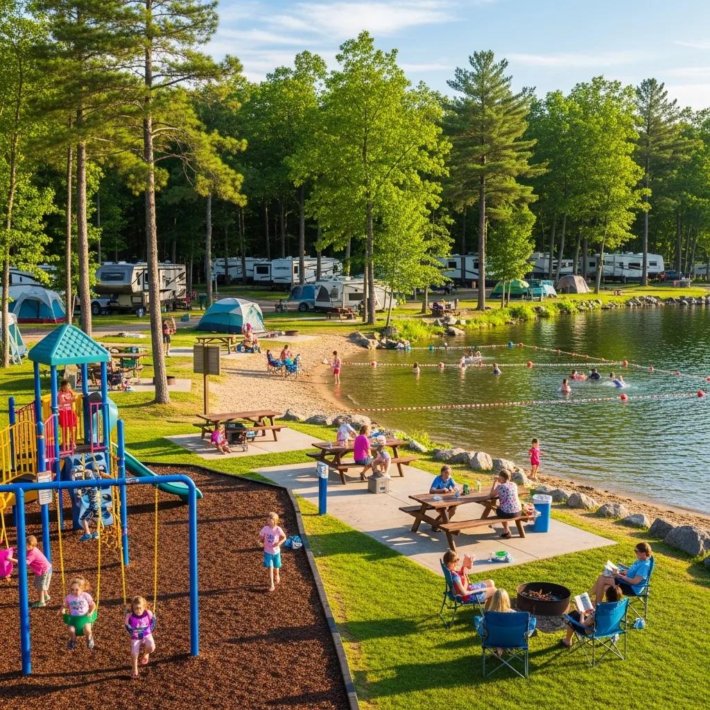 Kid-friendly campground near Portage Lake with a playground and picnic area