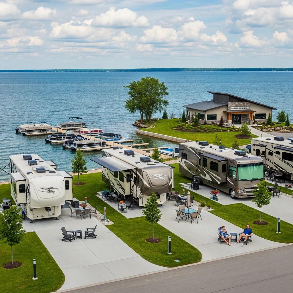 Luxury waterfront RV resort in Michigan with full hookups and premium amenities