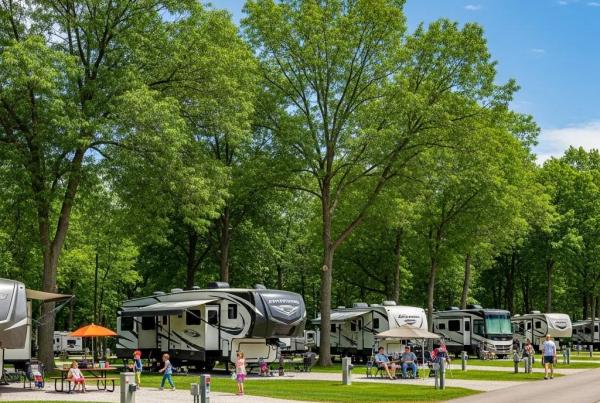 Michigan campground with full hook-up RV sites surrounded by nature