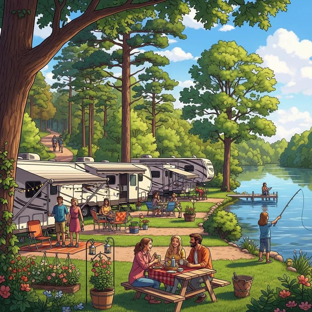 Michigan campground with seasonal RV sites, families enjoying nature and outdoor activities