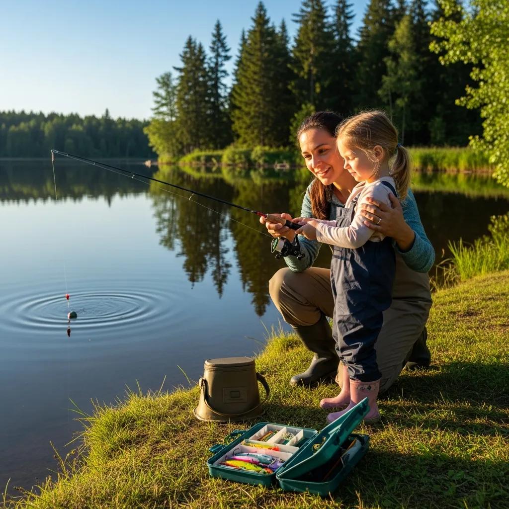 Parent teaching child to fish at a lake — simple family fishing tips