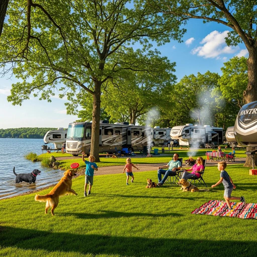 Pet-friendly RV park in Michigan with families and dogs enjoying outdoor activities