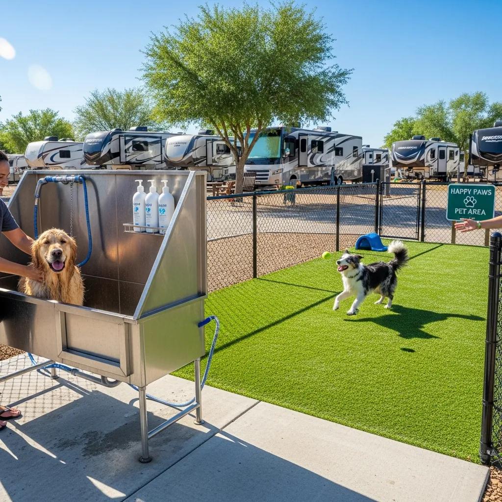 Pet wash station and dog play area at a pet-friendly RV park