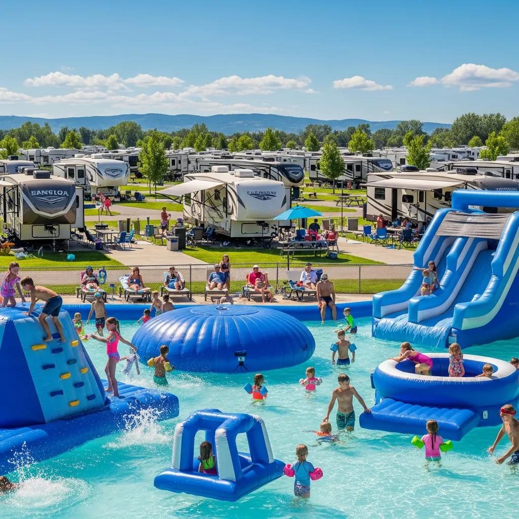 RV campground with lake and inflatable water attractions, plus full hookup sites