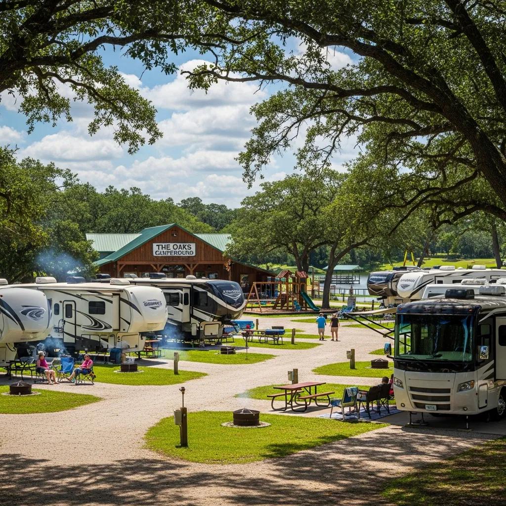 RV site at The Oaks Campground showing full hookups and space for maneuvering