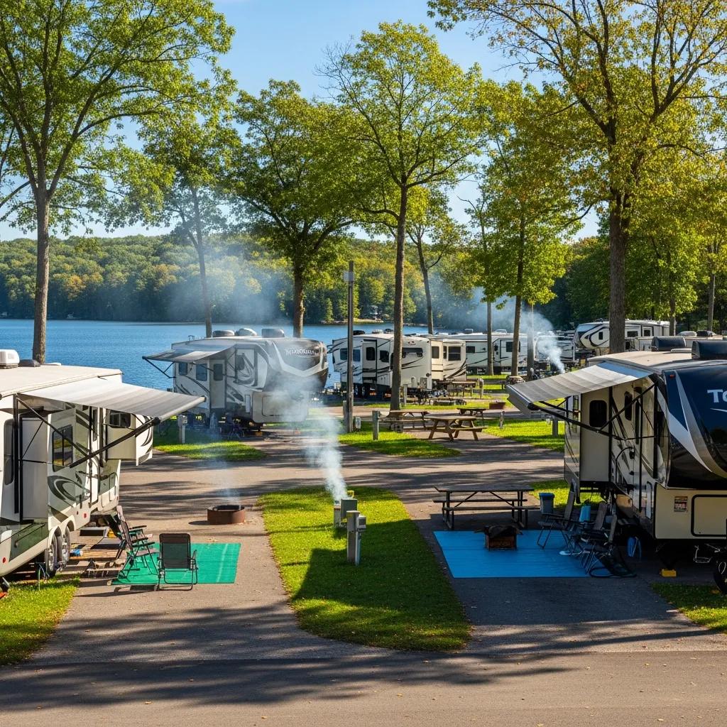 RV site by a Michigan lake showing hookups and scenery