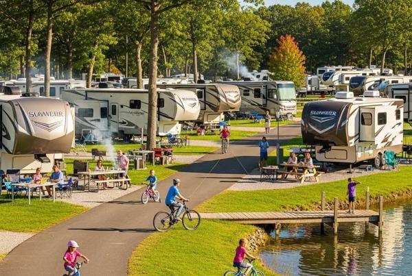 RV park near Lansing, Michigan with families enjoying outdoor activities and a scenic lake