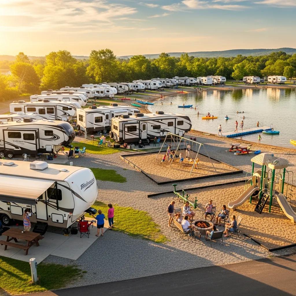 Families enjoying RV park amenities and activities near Waterloo, MI