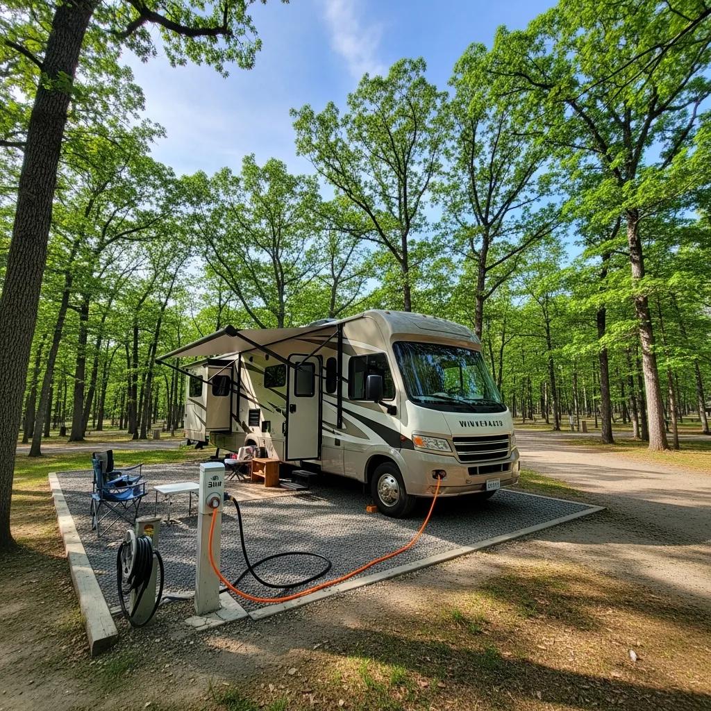 RV parked in a campground near Waterloo with visible site amenities