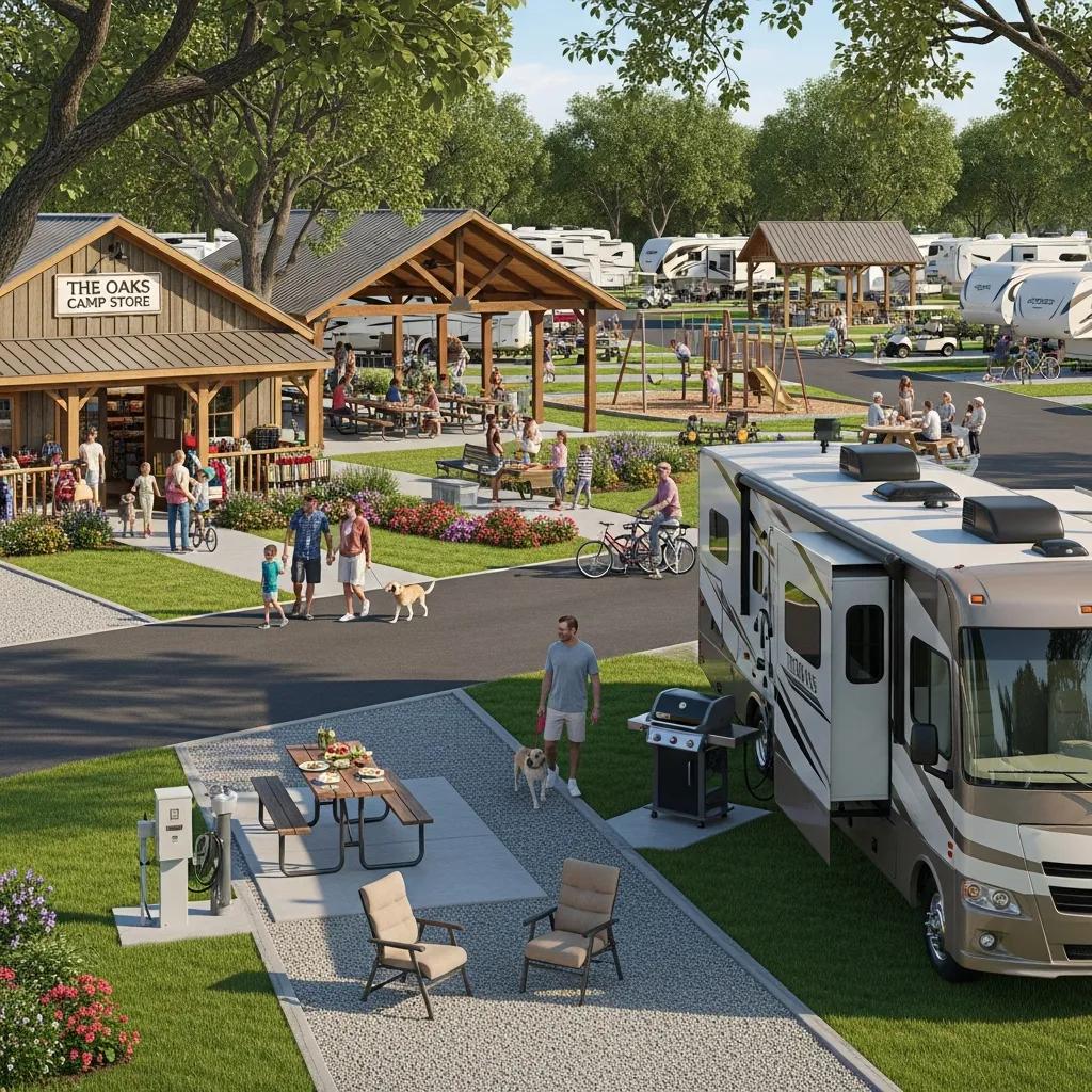 RV site at The Oaks Campground with full hookups and nearby community amenities