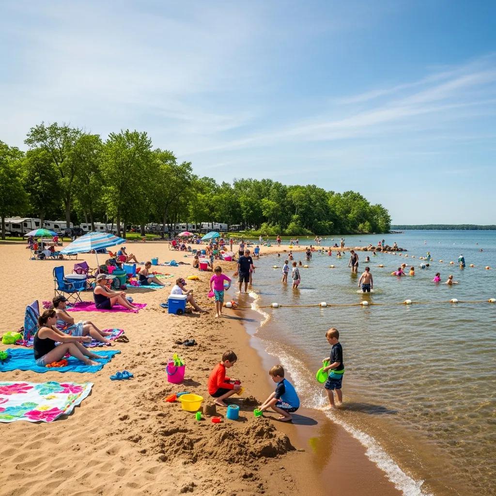 Sandy beach where families swim safely at a Michigan campground