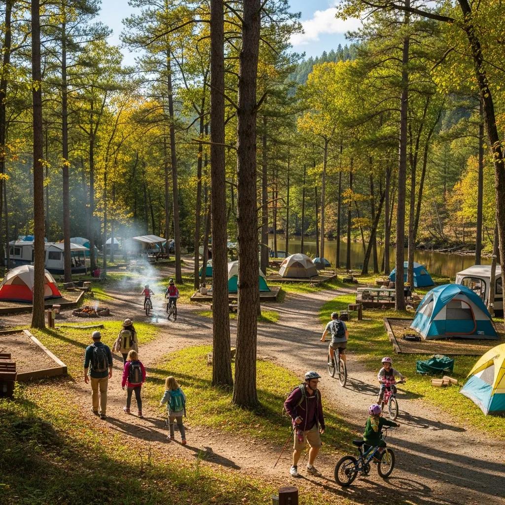 Scenic campground with hiking and biking trails, showcasing families enjoying outdoor adventures