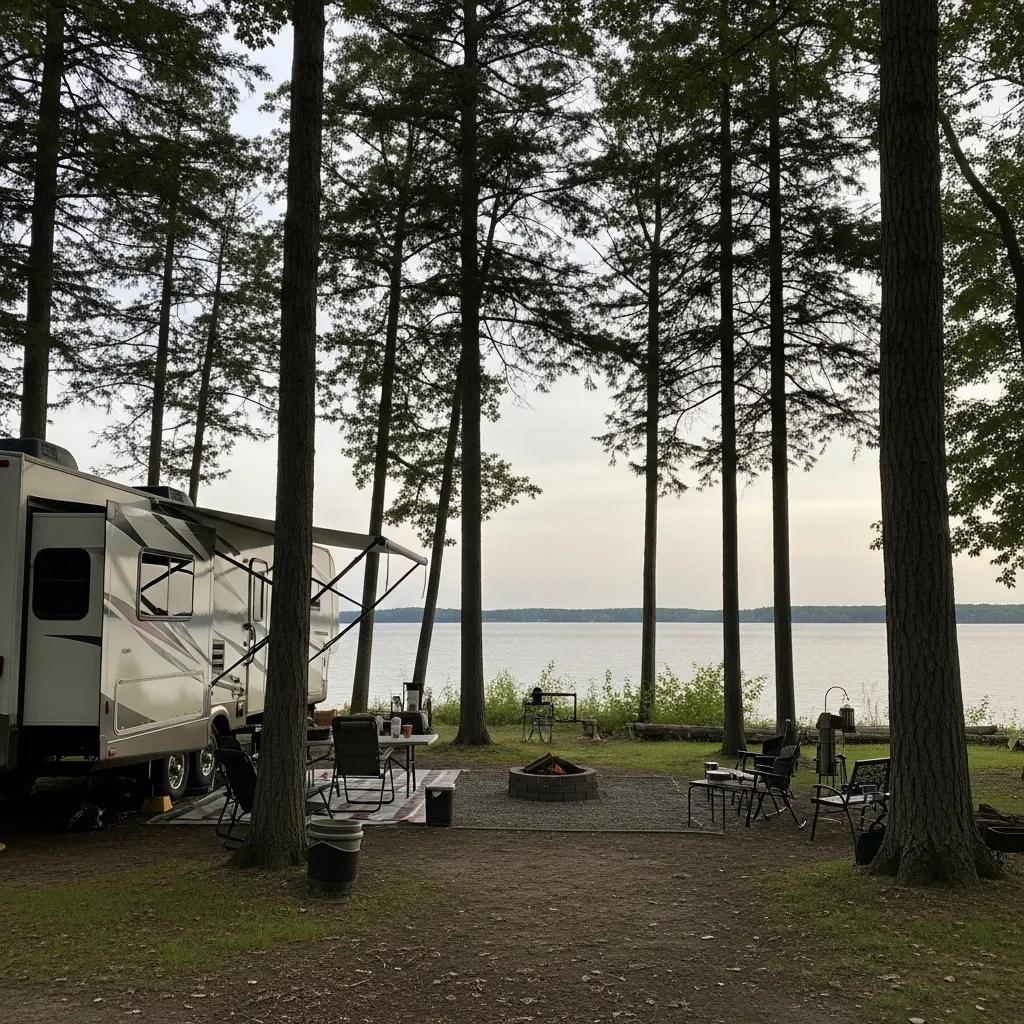Scenic long-term camping site in Michigan with RV, lake, and campfire setup