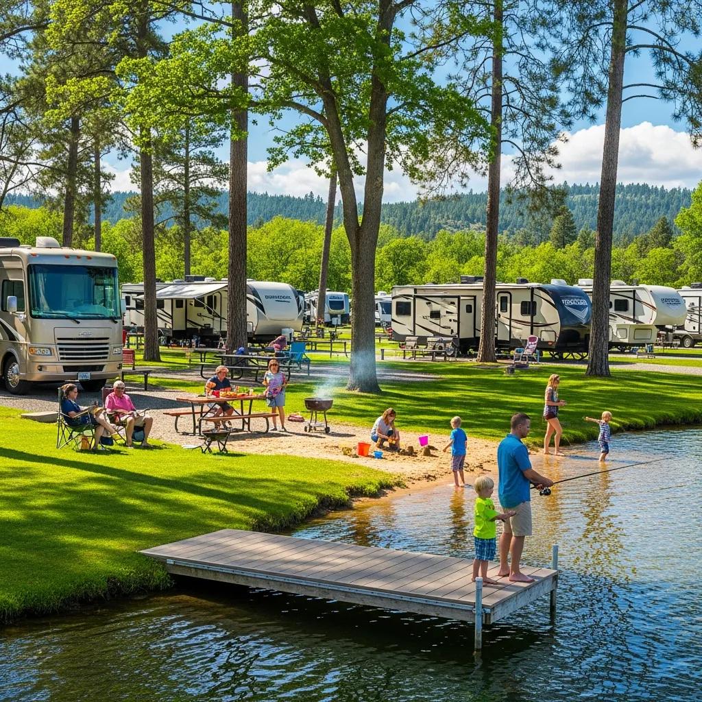 Scenic view of an RV park near a lake with families enjoying outdoor activities
