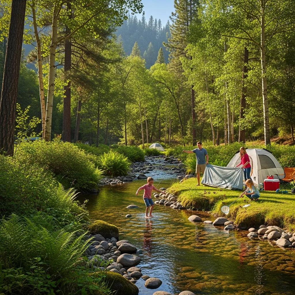 Scenic view of Indian Creek Campground with a family camping by the creek