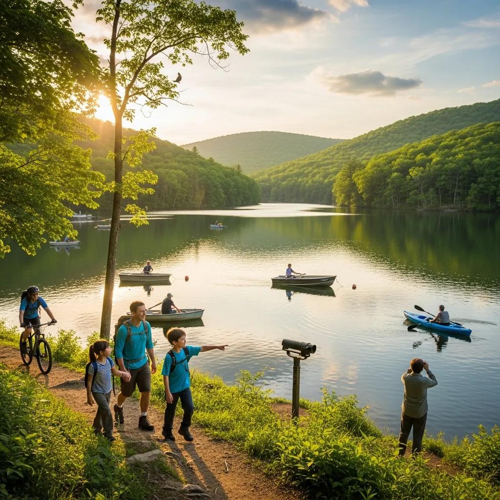 Waterloo State Recreation Area: families hiking near a lake surrounded by lush greenery