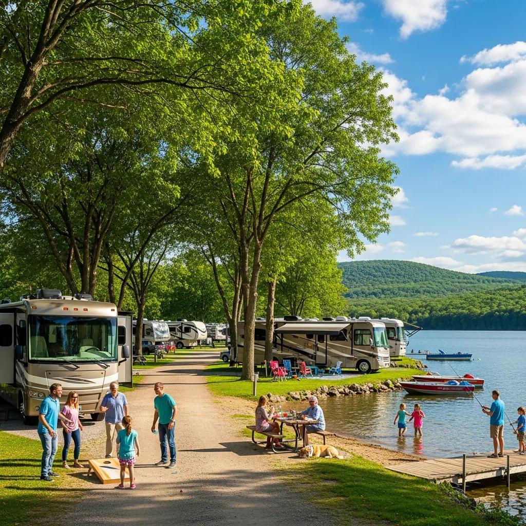 Seasonal RV campground with families enjoying outdoor activities and a swimming lake