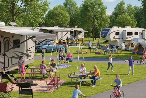 Seasonal RV campground with families enjoying outdoor activities and lush greenery