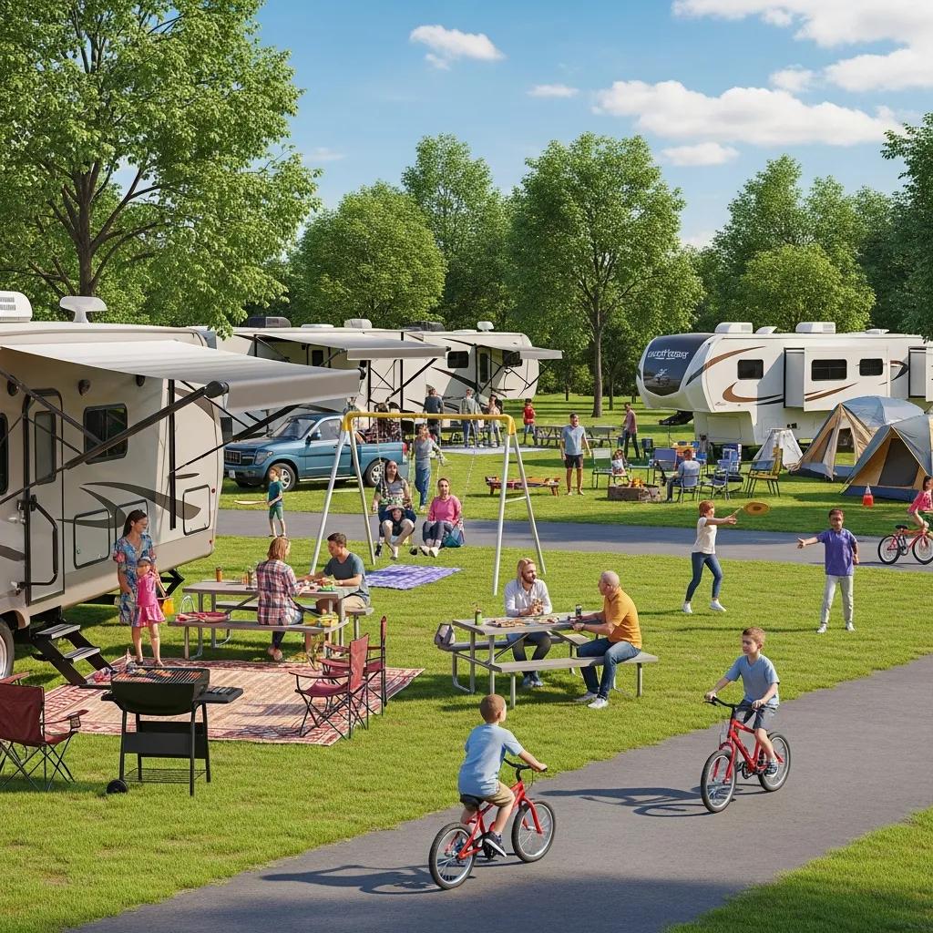 Seasonal RV campground with families enjoying outdoor activities and lush greenery