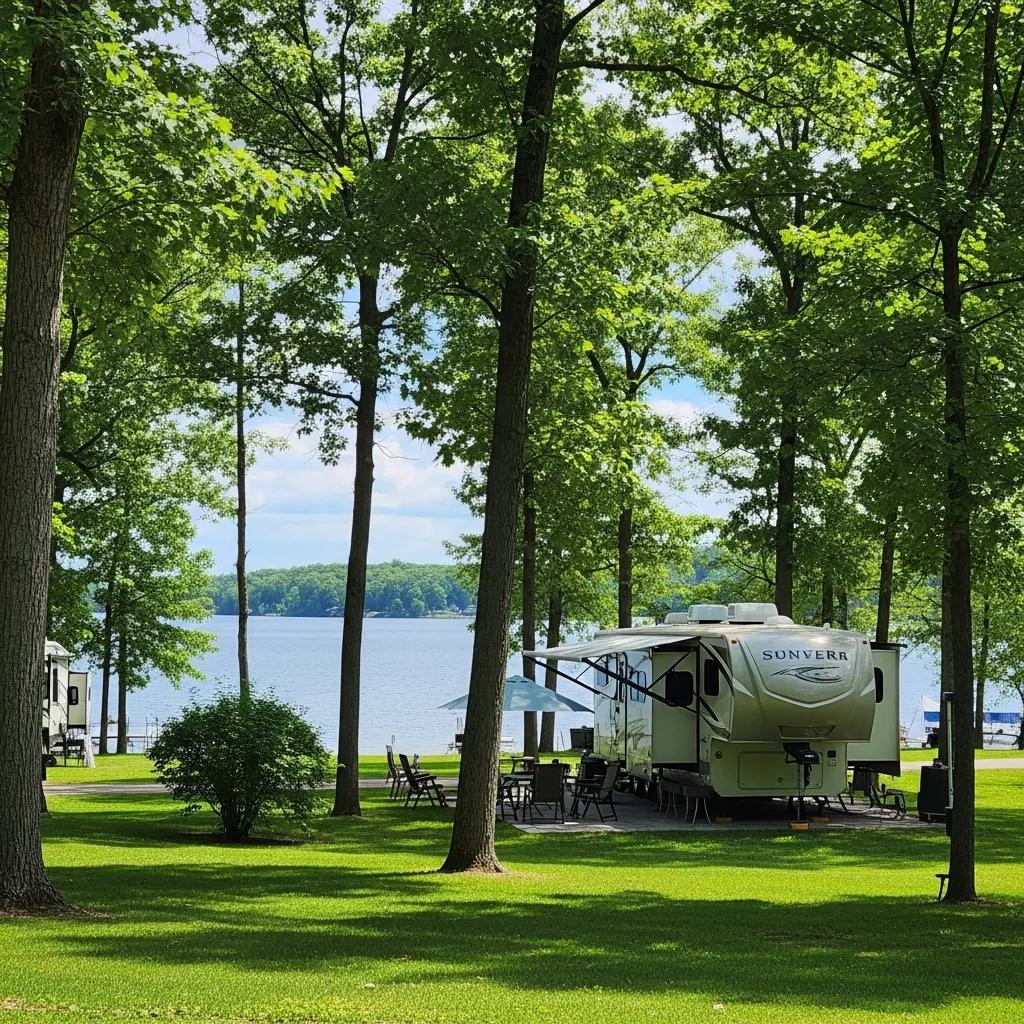 Seasonal RV campsite in Michigan with lush greenery and a serene lake