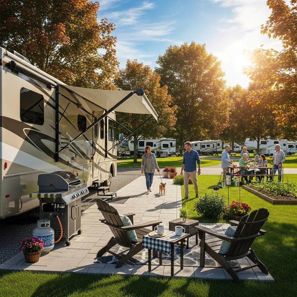 Seasonal RV site in Michigan with full hookups, outdoor seating, and neighbors socializing