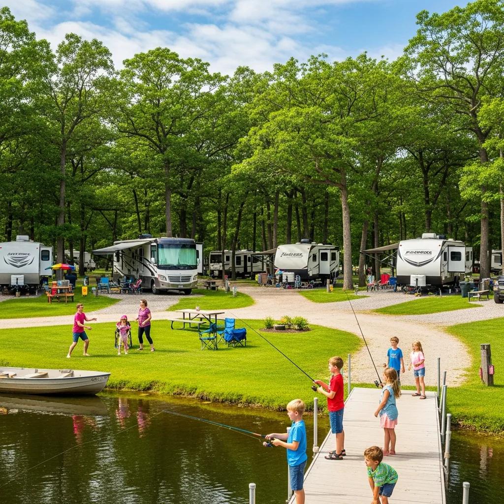 Seasonal RV sites in Michigan with families enjoying outdoor activities by a serene lake