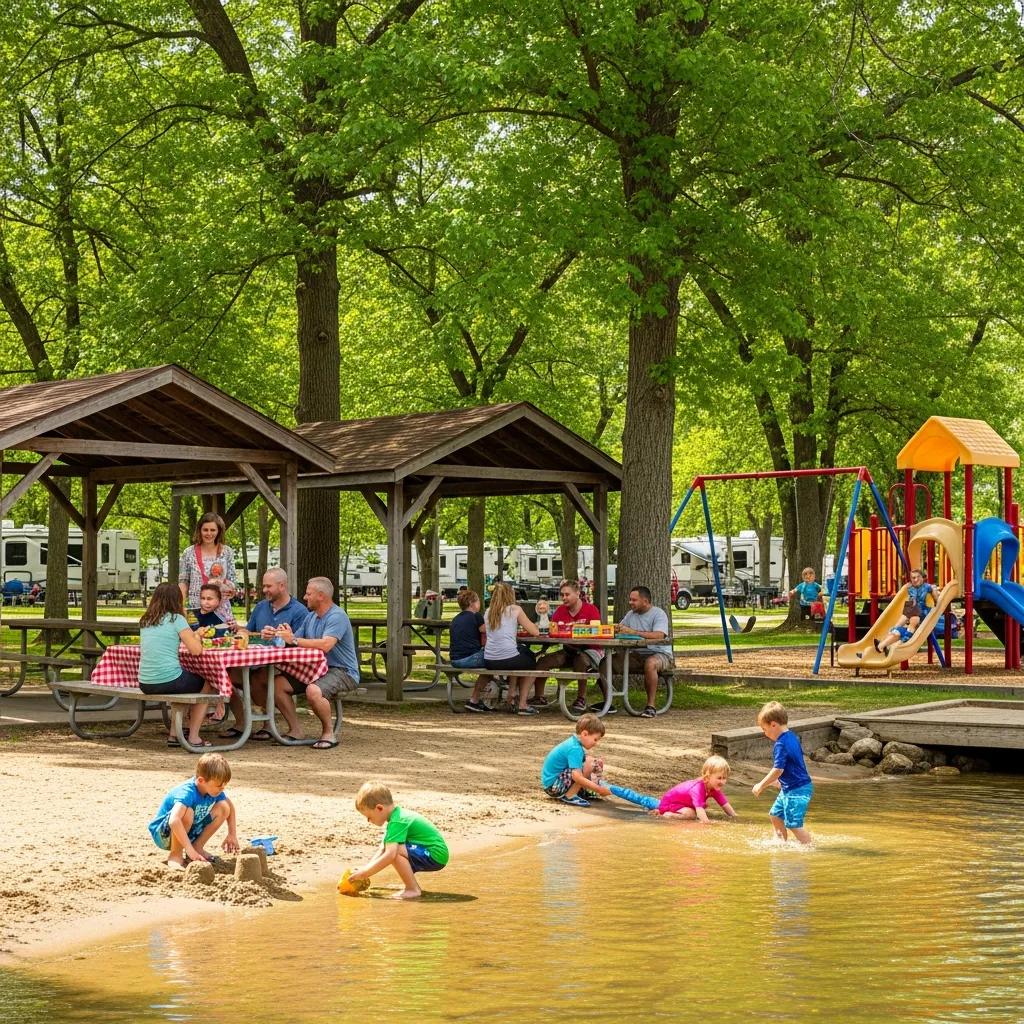 The Oaks Campground family amenities — sandy beach and playground close by