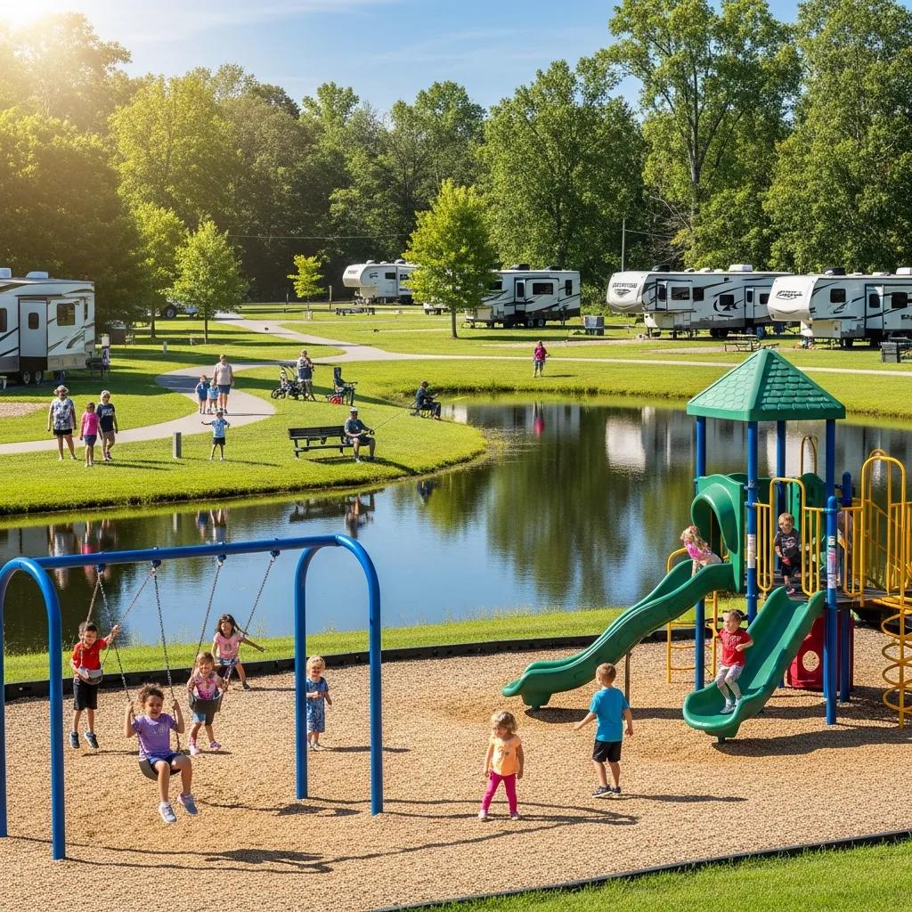 The Oaks Campground — playground, fishing pond, and family spaces