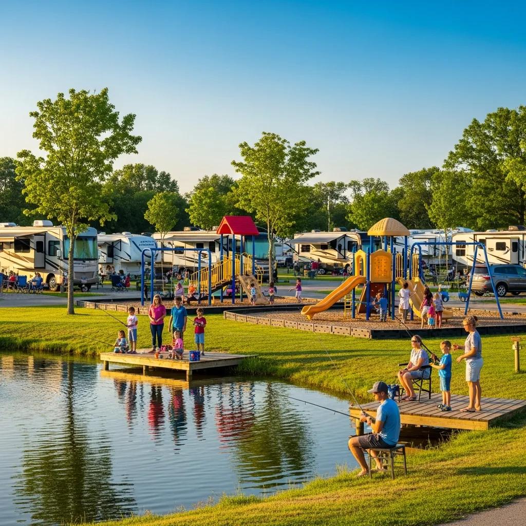 Families enjoying The Oaks Campground — fishing pond, playground and outdoor spaces