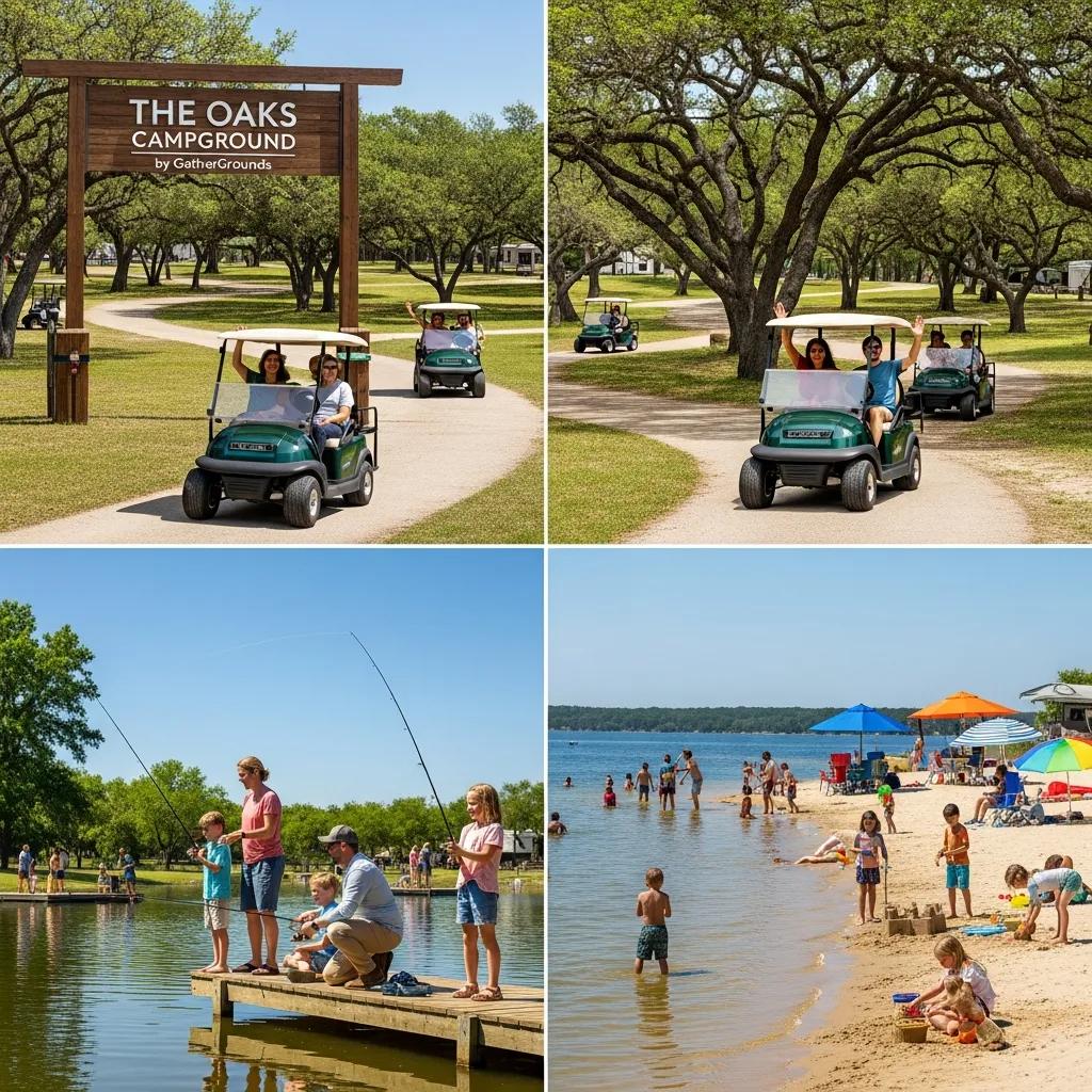 The Oaks Campground by GatherGrounds showcasing fishing pond, golf cart trails, and families enjoying the beach