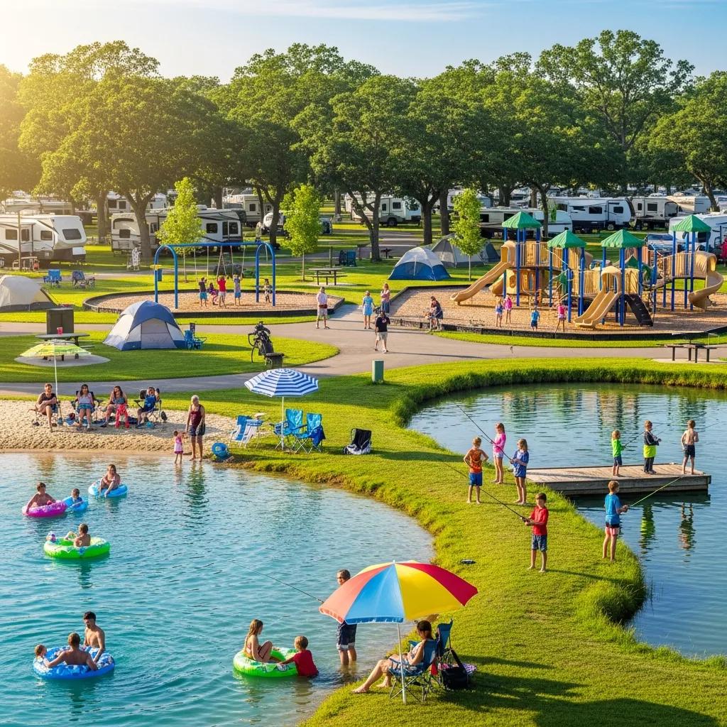 The Oaks Campground: swimming lake, stocked fishing pond, and playgrounds for families