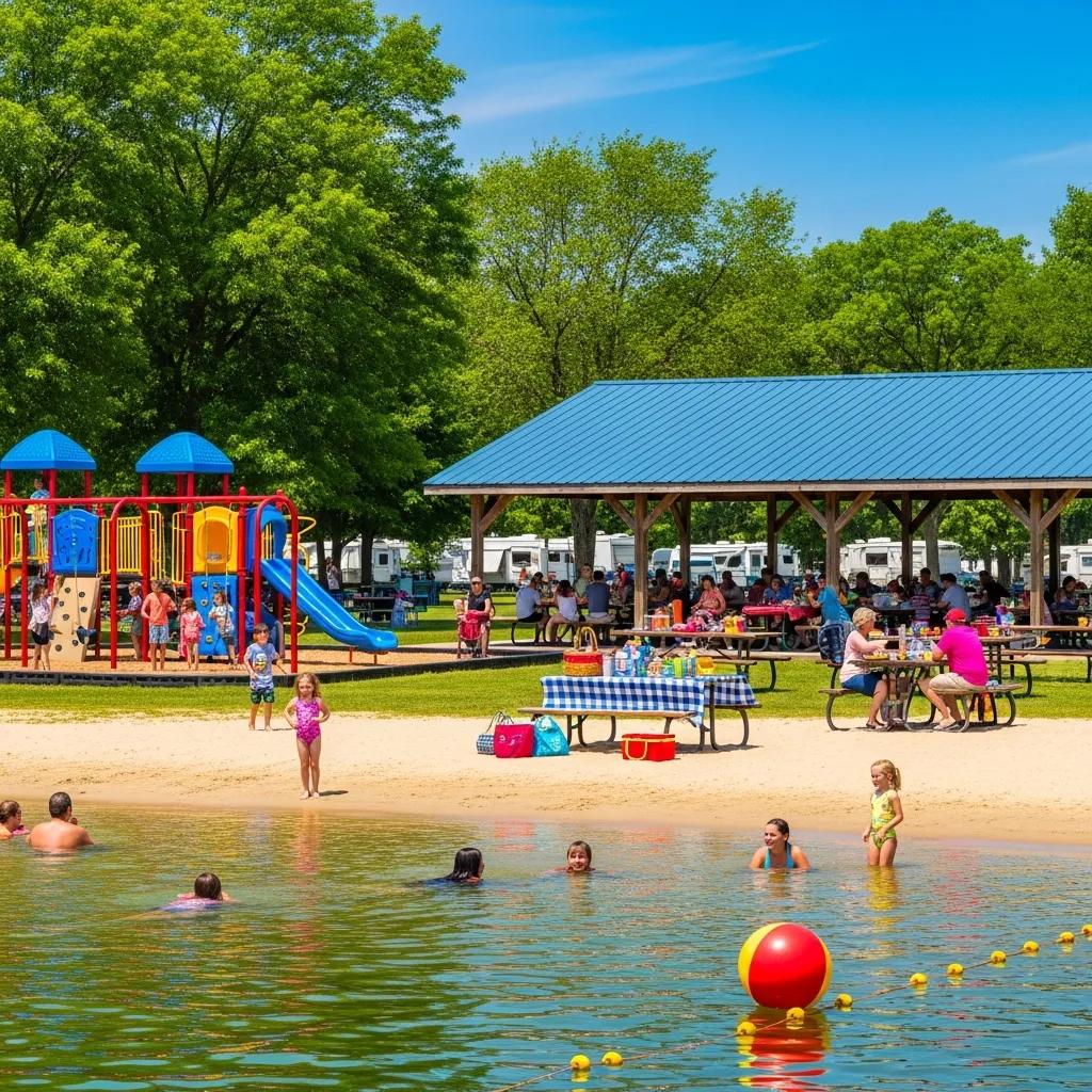 The Oaks Campground with a swimming lake, playground, and family activities