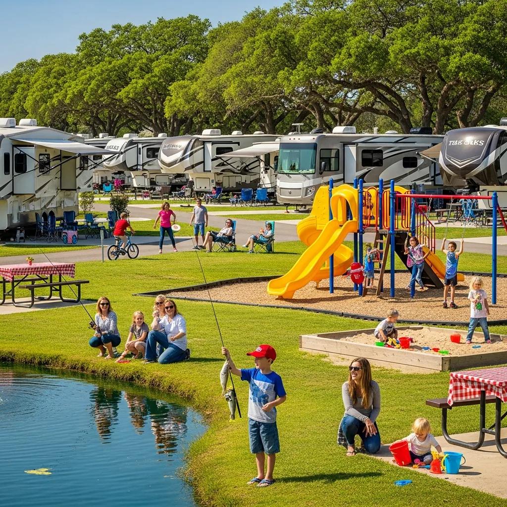 The Oaks Campground with family amenities like a fishing pond and playgrounds