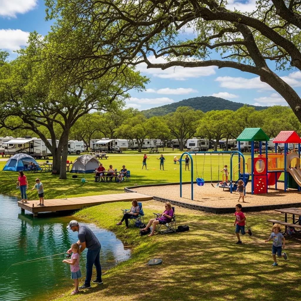The Oaks Campground with family areas and a large fishing pond