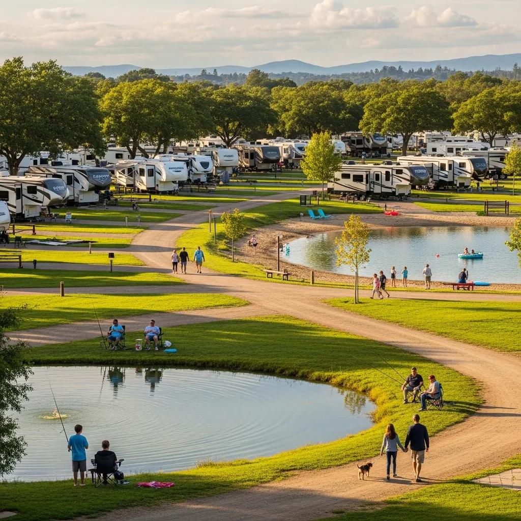 RVs, a fishing pond, and families with dogs enjoying The Oaks Campground