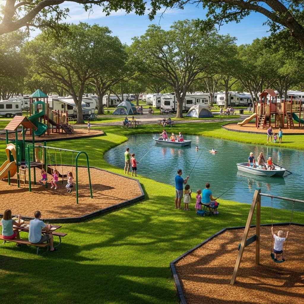 The Oaks Campground with playgrounds, fishing pond, and families enjoying outdoor activities
