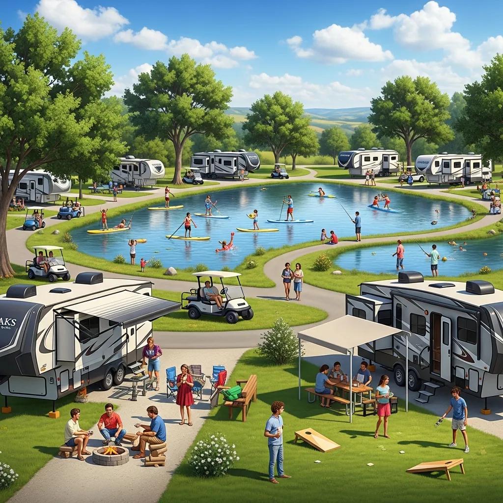 The Oaks Campground with RV sites, a swimming lake, and families enjoying outdoor activities
