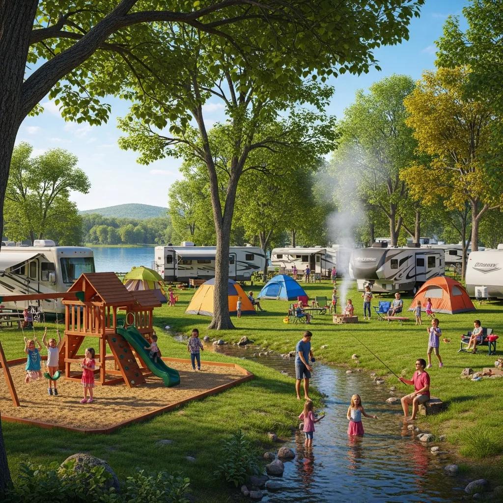 Families enjoying activities at The Oaks Campground, highlighting kid-friendly amenities