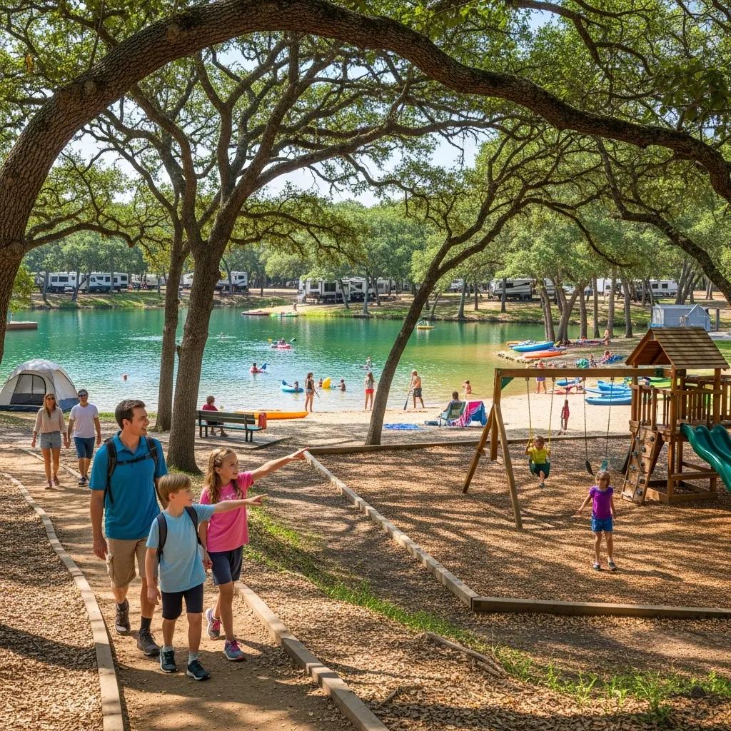 The Oaks Campground trails and family amenities near a lake