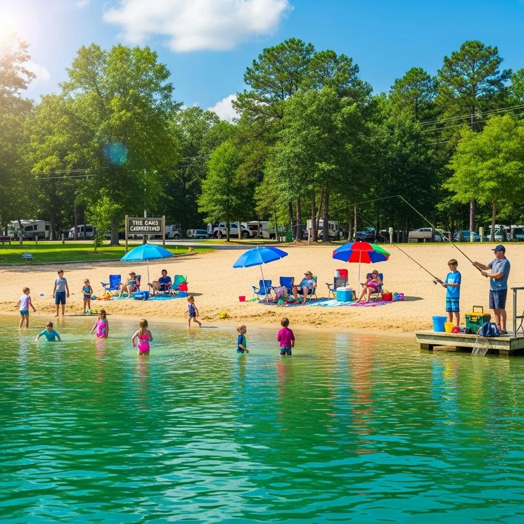 Sandy beach and swimming lake at The Oaks Campground with families enjoying water activities