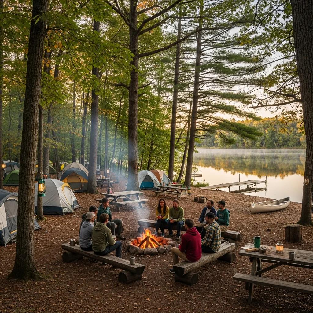 Rustic Michigan campground with unpaved sites, campfire, and natural setting