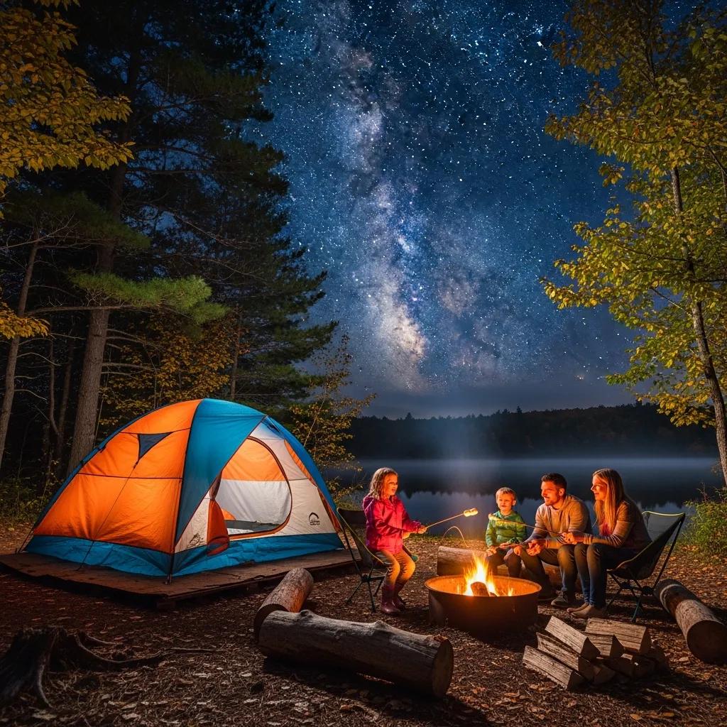 A family around a campfire at a Michigan tent campsite, enjoying the outdoors